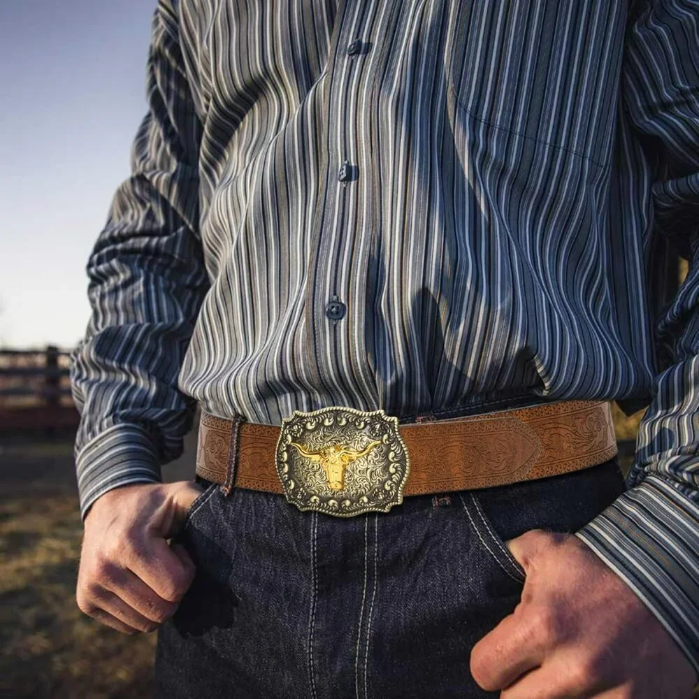 Western Cowboy Belts for Men Women - Bull Buckle Vintage Floral Engraved Belt fo - Picture 4 of 6